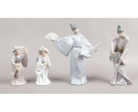 Two Nao figurines (one damaged to hand) along with two Leonardo figurines, all formed as geisha girls.