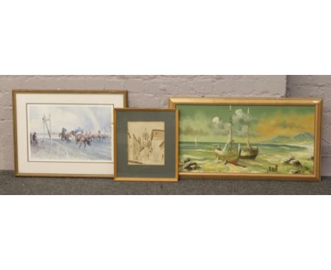 A framed Sepia toned watercolour painting signed indistinct, along with a horse racing print and a framed oil on canvas seasc