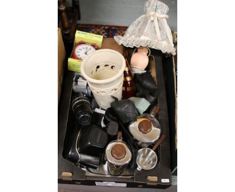 A box of miscellaneous including photographic equipment, stainless steel teaset on tray, table lamp, vases etc.