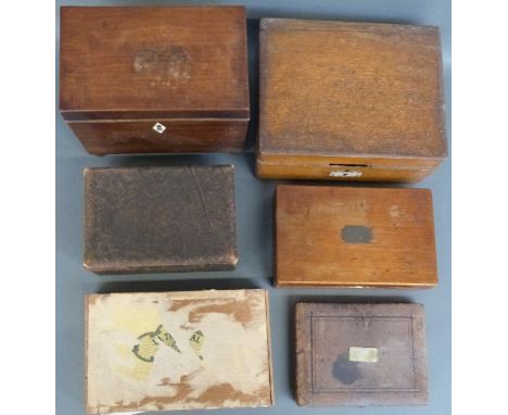 A collection of cased drawing sets including leather cased example and a tea caddy