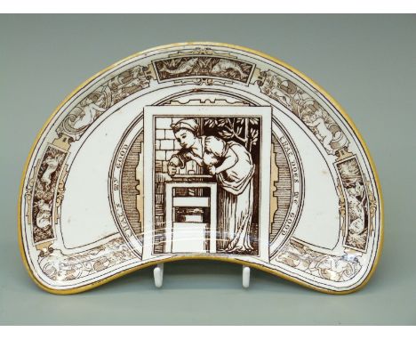 Wedgwood dish in the manner of Walter Crane decorated in Arts & Crafts style with central female figure working a press and p