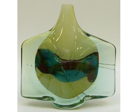 Mdina glass axe head vase with blue and green internal decoration and clear casing, 22x21cm.  