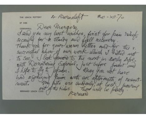 [Pottery] Bernard Leach CBE signed autograph letter to Margery (Parr) dated 20th December 1970 on Leach Pottery notepaper tha