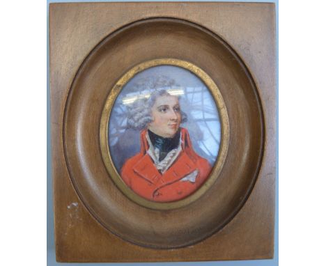 Continental watercolour portrait miniature signed Rebalet in frame, overall height 14cm