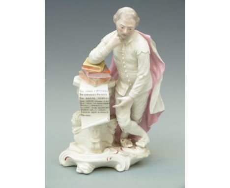 An 18thC Derby soft paste porcelain figure of Shakespeare leaning on a column, with a scroll inscribed with text from 'The Te