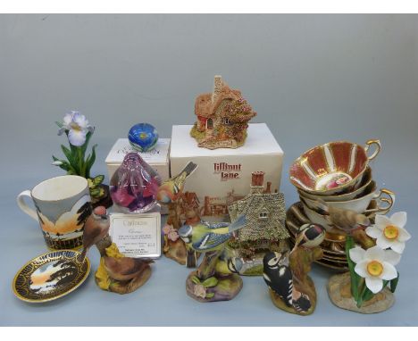 Four Paragon cabinet cups and saucers, Royal Worcester bird figures, Caithness paperweight etc