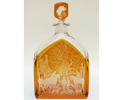 Orrefors clear and amber glass flash overlaid decanter etched with hunting scenes, a horse's head to the stopper and hound he
