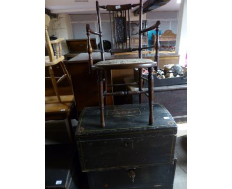 A 19thC stained pine domed trunk, a fall front tool chest with drawers, padlock and key and an Edwardian circular mahogany ar
