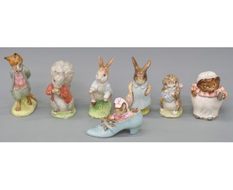 Seven Beatrix Potter figures Foxy Whiskered Gentleman, The Old Woman Who Lived in a Shoe, Mrs Tiggy-Winkle, Miss Moppet, Timm