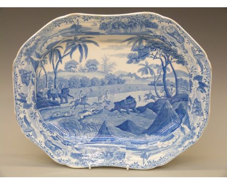 A Spode Indian Sporting Scenes meat plate with underglaze blue script verso 'Driving a Bear out of Sugar Canes' 40 x 33cm