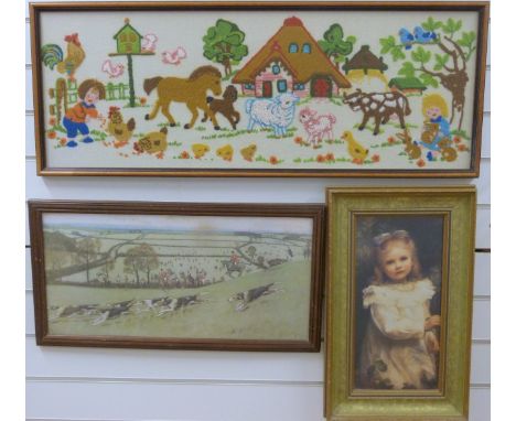 Cecil Aldin hunting print, Pears print and an embroidery of a farmyard scene