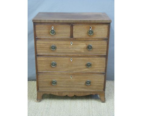 A 19thC mahogany bachelor's chest of two over three graduated drawers raised on bracket feet, H90 x W75 x D43cm