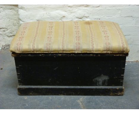 A 19thC stained pine trunk with fabric top, H47 x W83 x D44cm