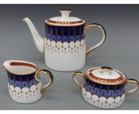 Royal Crown Derby Quail pattern three piece coffee service to include coffee pot, sucrier & jug