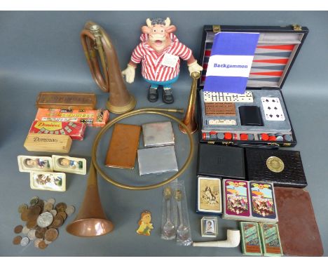 A quantity of collectables to include coins, cigarette cards, playing cards, dominoes, football related items, cigarette case