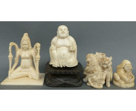 A carved bone figure of three tigers, Meiji period Japanese netsuke, carved young Buddha and another Buddha both early 20thC,