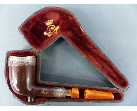 A cased hallmarked silver mounted CM crown pipe 