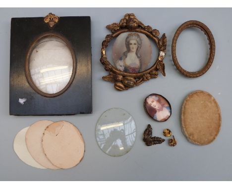 Three 19thC miniature frames to include ebonised wood, gesso example, an early 20thC miniature portrait of a lady in 18thC st