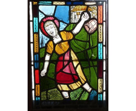A mid-20thC stained glass window depicting Jill falling down the hill, 46cm x 66cm, made by local artist Michael Hawkes, who 