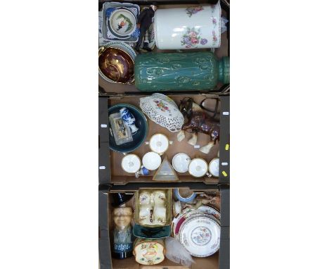 A collection of ceramics including retro West German pottery vase, Dresden basket, Quimper, Wedgwood Kutani Crane, Wedgwood t