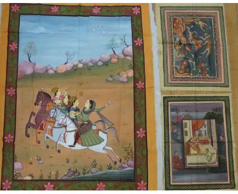 Three unframed Indian gouache on fabric, in the Moghul style, of men hunting tigers, women dancing and hunting on horseback, 