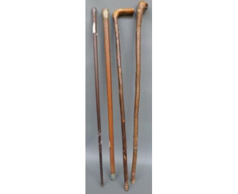 Four walking sticks including a sword stick and silver topped example 