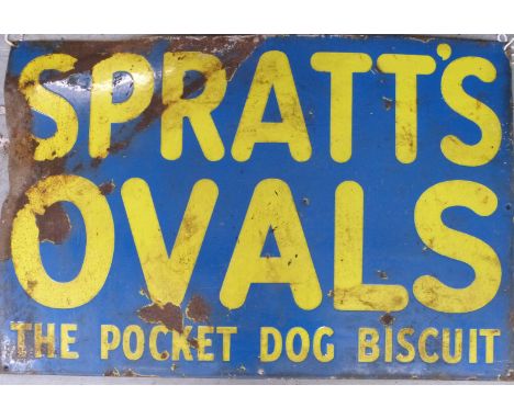 A vintage Spratt's Ovals, the pocket dog biscuit enamel advertising sign, 50 x 75cm and a further part enamel sign