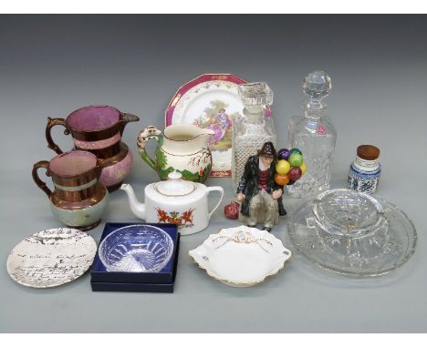 A collection of ceramics and glass to include Wedgwood hunting jug, Doulton figure of a balloon seller (no stamp), Royal Albe
