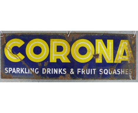 A vintage Corona Sparkling Drinks and Fruit Squashes enamel advertising sign, 25 x 76cm