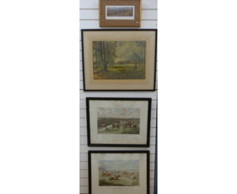 Four framed hunting themed prints to include a signed print by Michael Lyne, pair of humorous aquatints by Alken entitled 'Th