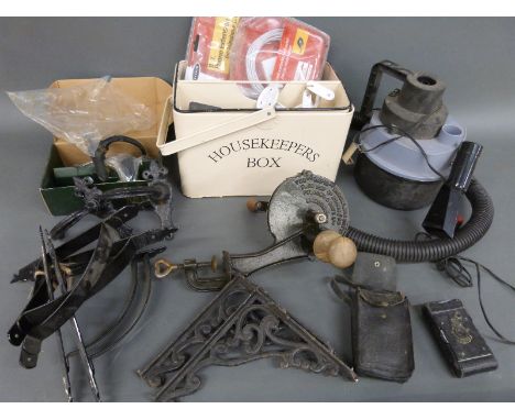 Metal housekeeper's box, boxed door furniture, vintage shelf brackets, micrometer, miniature plane, marmalade cutter