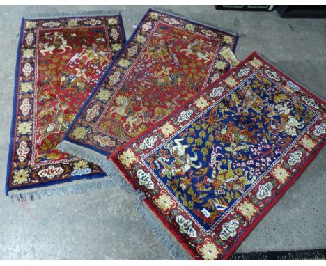 Three Persian wool prayer rugs, labelled 'Latore' decorated with hunting scenes, each approximately 65 x 135cm