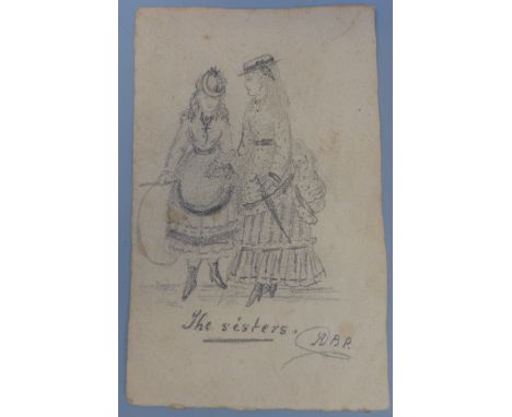 Beatrix Potter original pencil sketch titled 'The Sisters' two young women dressed in hats and boots, initialled H.B.P. on si