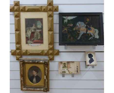 A 19thC oval portrait of a lady, reverse painting on glass of a man on horseback hunting, a framed picture of Queen Victoria,