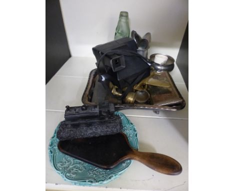 A quantity of collectables including silver plated ware, Swindon bottle, Polaroid camera etc