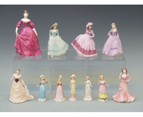 Five Wedgwood Vauxhall Gardens figurines and six Royal Worcester and Coalport figurines, tallest 20cm