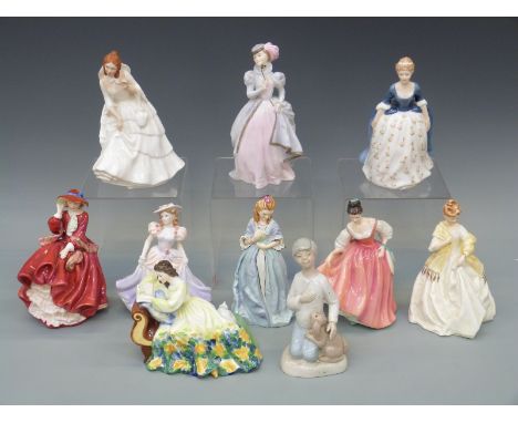 Nine Royal Doulton and Royal Worcester figurines and one other including Solitude, Sweet Anne etc, tallest 19cm
