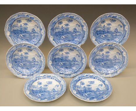 A set of eight Spode Indian Sporting Scenes soup plates, all with underglaze blue script verso 'Chase after a Wolf'' diameter