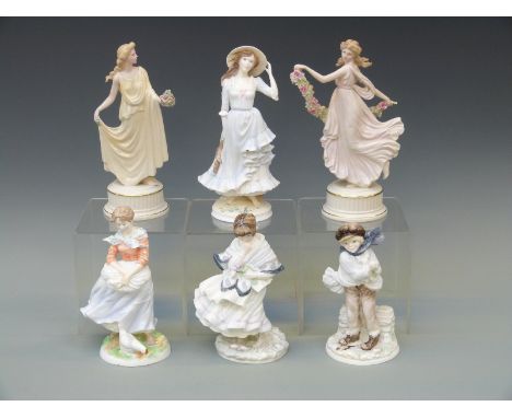 Two Coalport figures The Boy, Visiting Day, Royal Worcester figurine Summer and A Farmer's Wife and two Wedgwood Dancing Hour