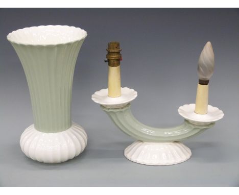 A Spode fluted design retro candelabra and matching vase, tallest 28cm