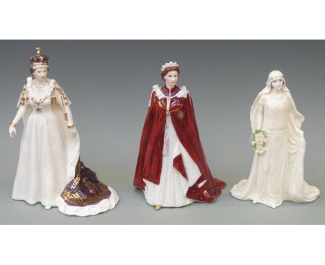 Three Royal Worcester Queen Elizabeth figurines, tallest 24cm
