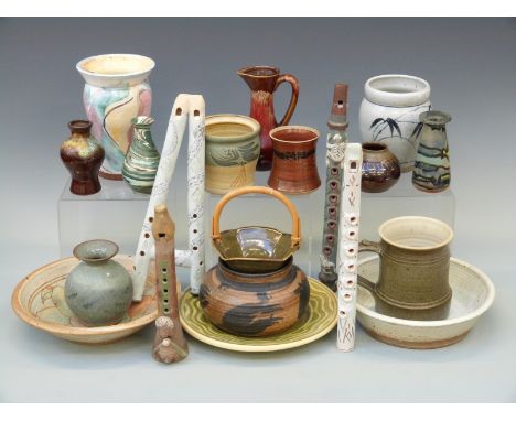 A collection of ceramics to include studio pottery bowls, vases and jugs, mostly unmarked, and four Inca style Peruvian ceram