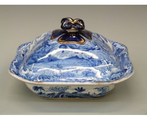 A Copeland Spode Indian Sporting Scenes tureen and cover with underglaze blue script to base 'Hog Hunters Meeting by Surprise