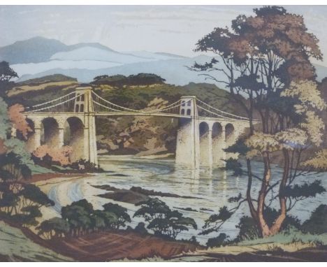 James Priddey signed etching 'Evening, Menai Bridge', 27 x 32cm
