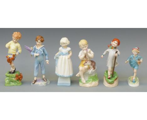 Six Royal Worcester child figures, June, October, Thursday, Monday, Hometime and Parakeet Boy, tallest 16cm