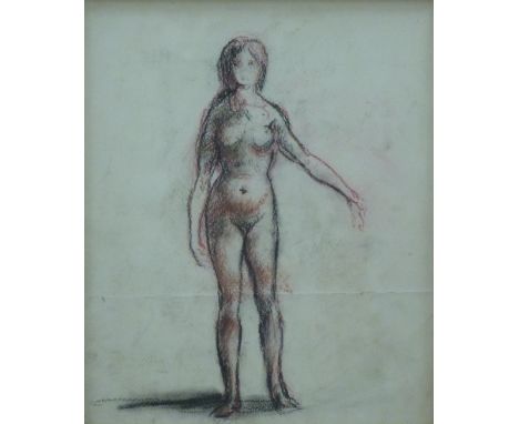 Michael D'Aguilar (1924-2011) charcoal and coloured chalk on paper nude, 30 x 25cm, together with further signed sketch verso