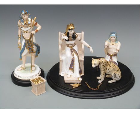 Three Royal Worcester figures including The Jewels of Cleopatra 369/500 with certificate, together with a Wedgwood Tutankhamu