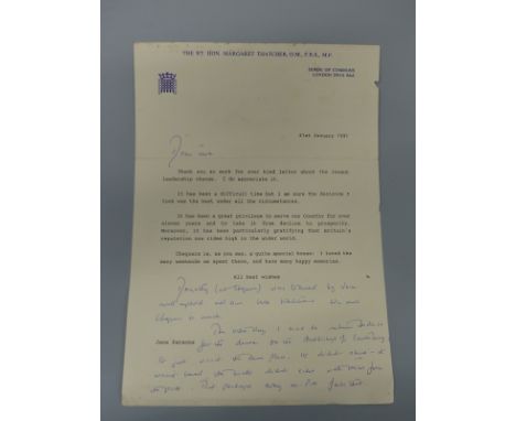 Interesting signed Margaret Thatcher to Jane Parsons letter on House of Commons paper regarding recent leadership change, 21s