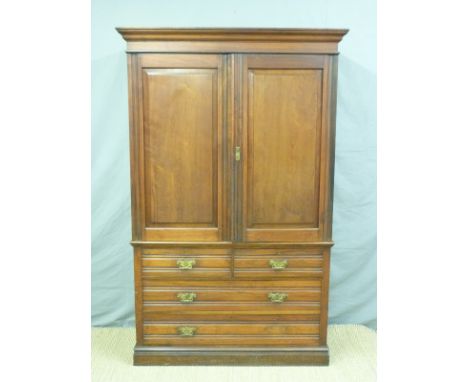 A 19thC stained ash and pine linen press, the base fitted two over two drawers, H206 x W130 x D51cm