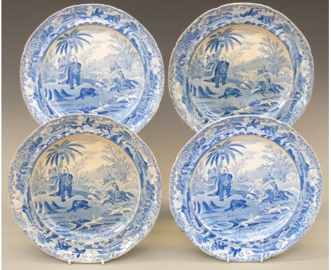 A set of four Spode Indian Sporting Scenes dinner plates, all with underglaze blue script verso 'Death of the Bear' diameter 